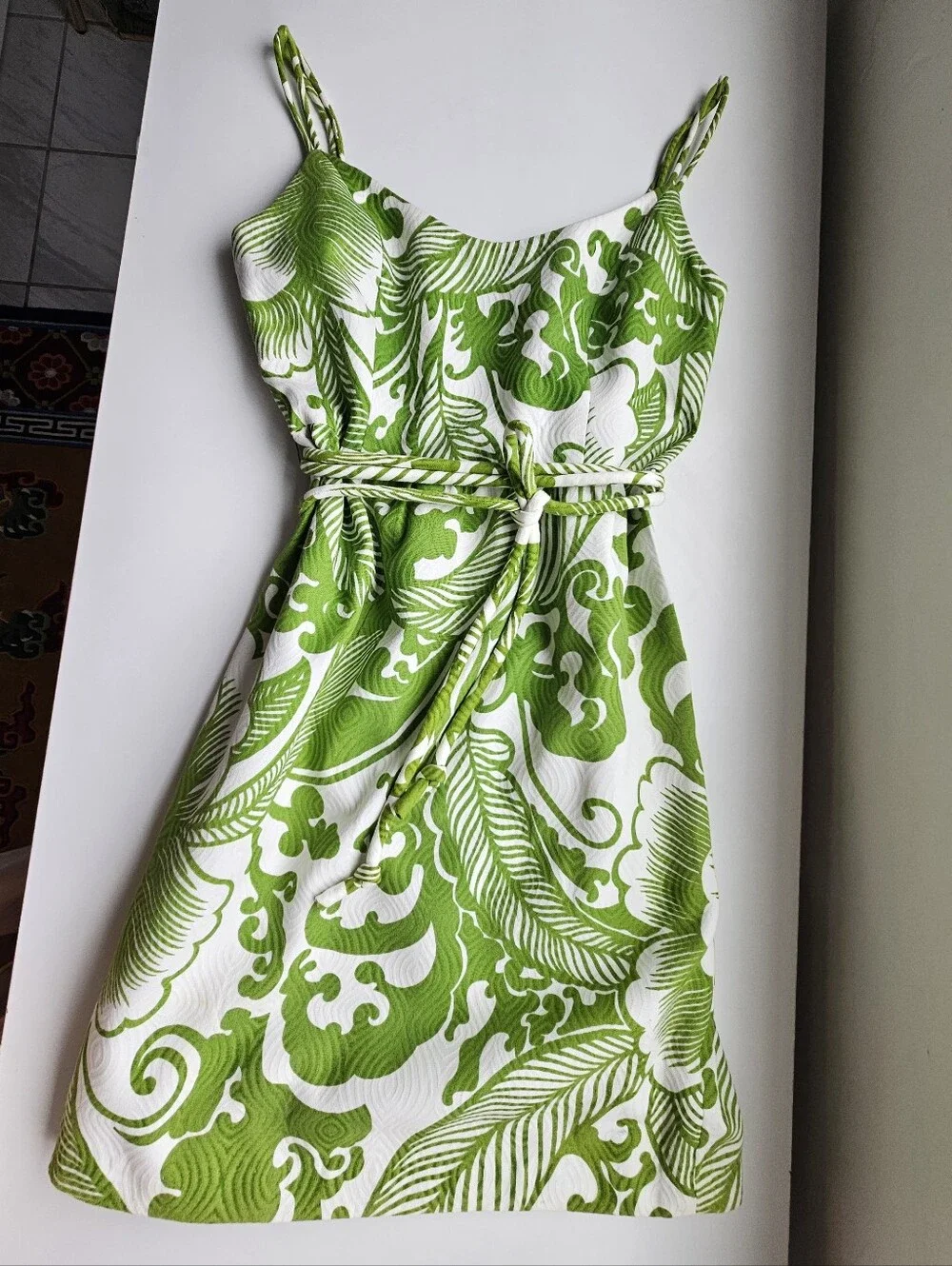 Milly New York Tropical Green And White Quilted Rope Belted Lined Mini Dress